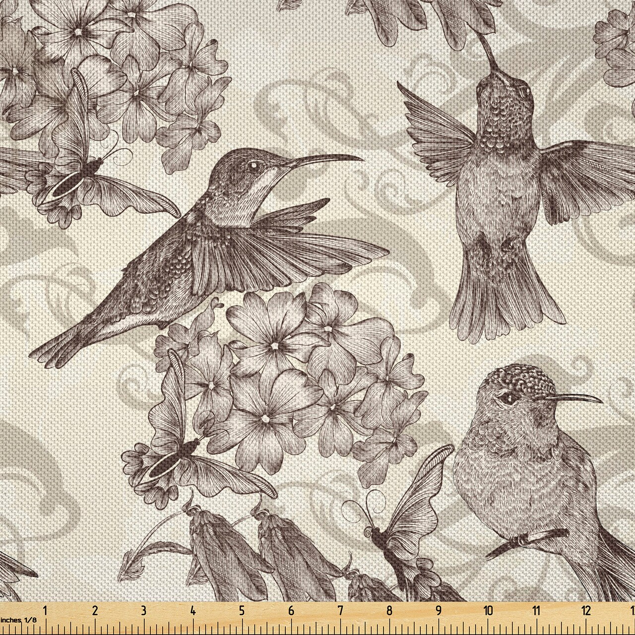 Ambesonne Hummingbirds Fabric by The Yard, Birds and Flowers Monochromic Classical Design Nostalgia Ornate, Decorative Satin Fabric for Home Textiles and Crafts, 10 Yards, Cream Beige Brown
